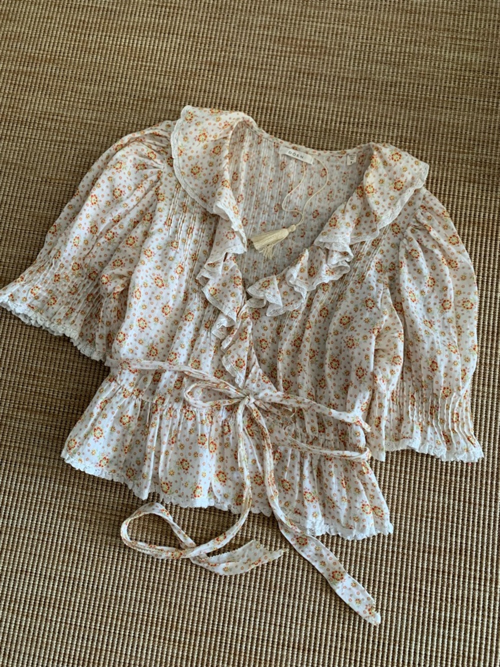 Doen Thames Ramie Ruffle Pintuck Short Sleeve Top Alabaster Countryside Calico - Picture 5 of 11